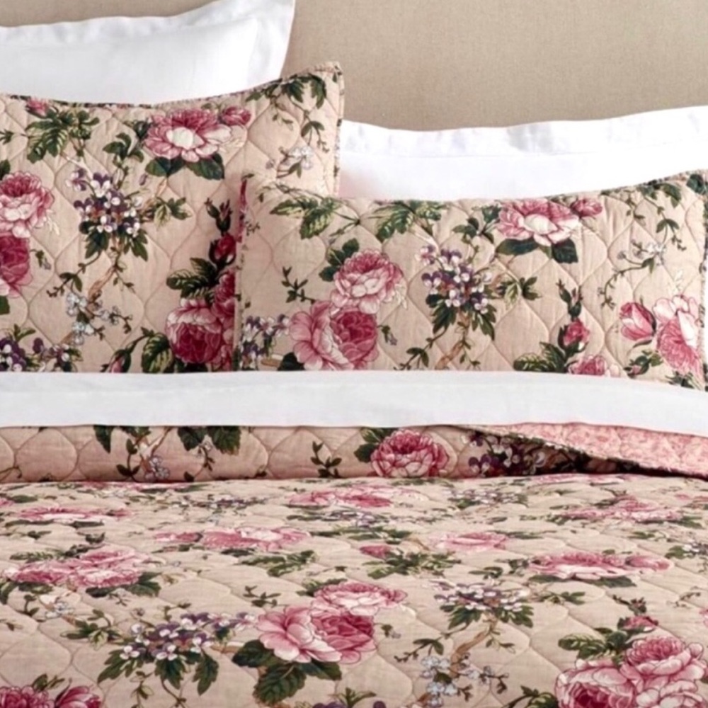 Pottery Barn Quilt Cotton Linen Floral Adelise Full Queen Reversible NWT